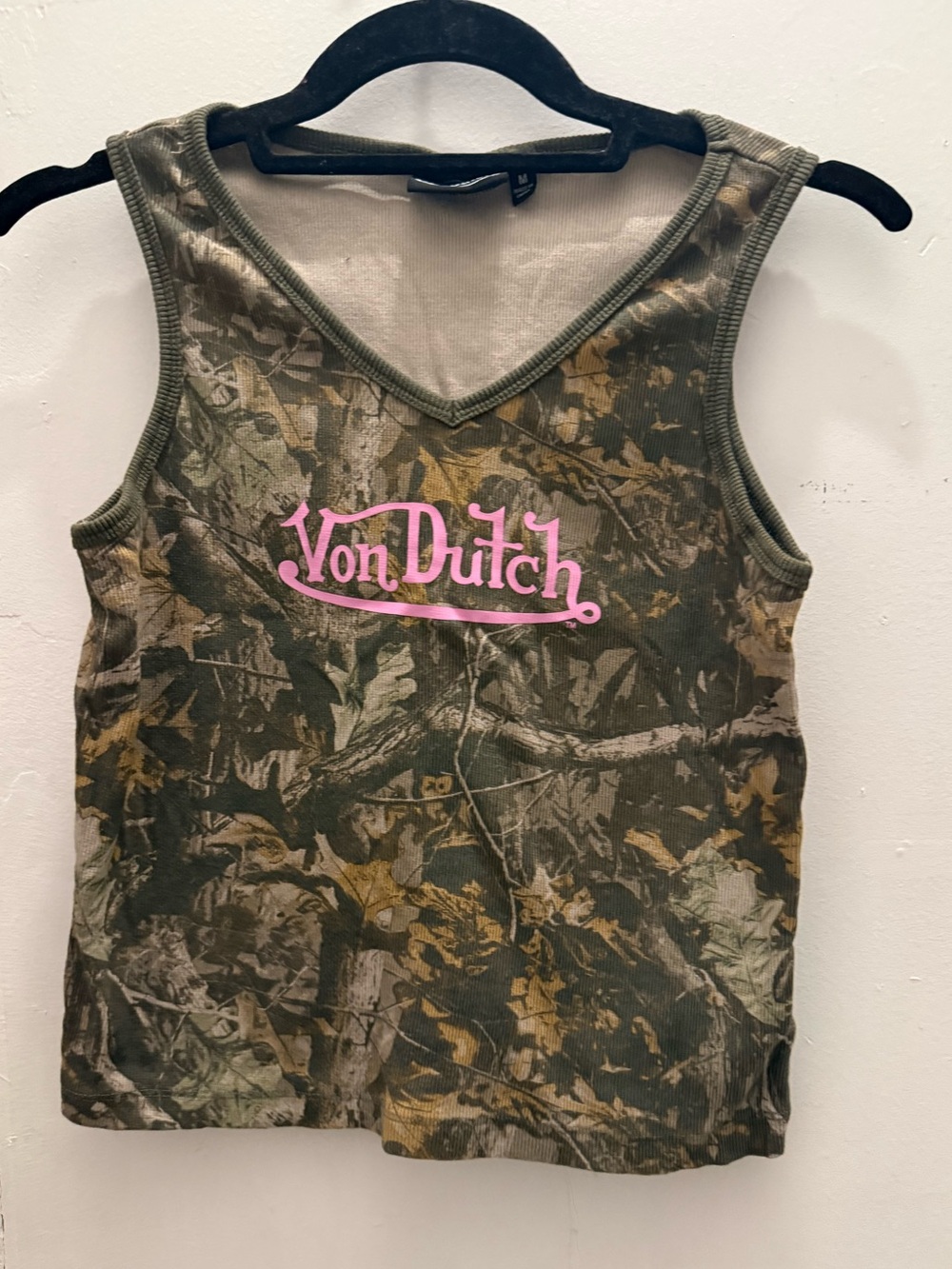 Von Dutch Girls' Green Camo Tank Top with Pink Logo size M